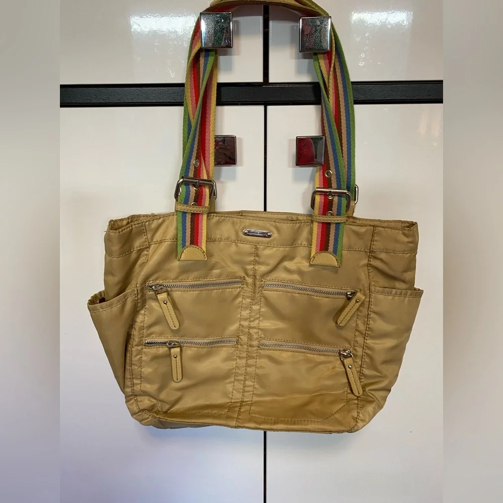 Franco Sarto Tan Bag with Rainbow Straps & festive interior with lots of pockets
